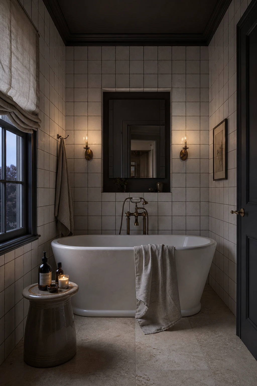 Modern English Country Bathroom with moody white tiles, deep wall sconces, dark grout lines, aged brass fixtures and Farrow & Ball Blackened painted ceiling