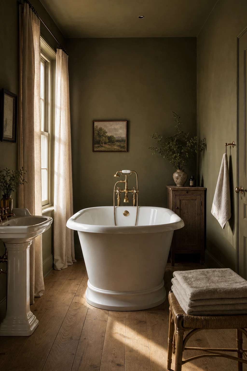 Modern English Country Bathroom with olive green walls, freestanding tub, brass fixtures, white ceramic basin and timber floorboards in warm morning light