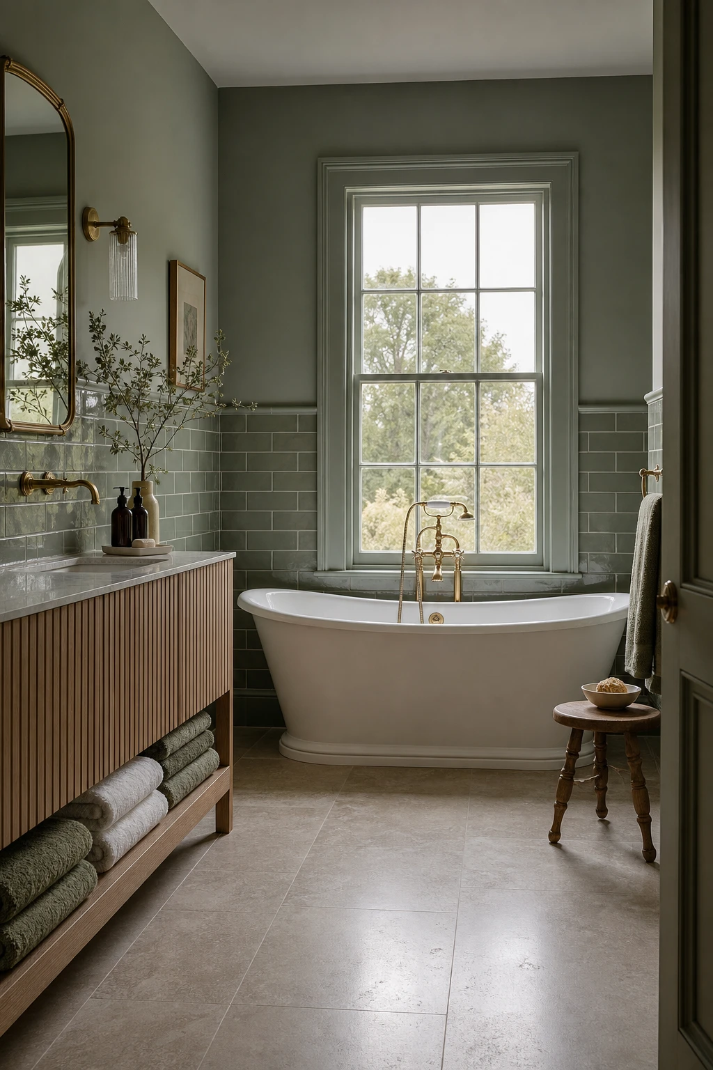 Modern English Country Bathroom with sage green tiles as the hero, featuring tone on tone green layering, natural stone floor, and Farrow and Ball Mizzle painted walls