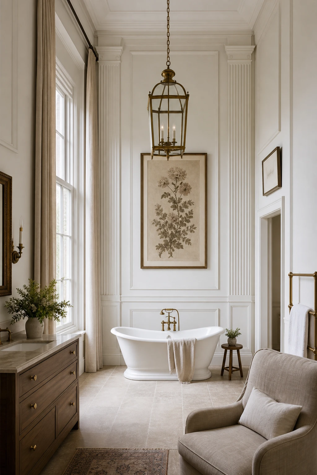 Modern English Country Bathroom with tall ceiling, statement pendant light, high hung art, panelled walls in Hardwick White and a freestanding tub below