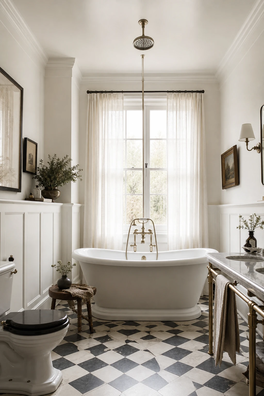 Modern English Country Bathroom with Victorian meets modern hero featuring roll top bath, panelled walls in Strong White, brass fittings and geometric floor tiles