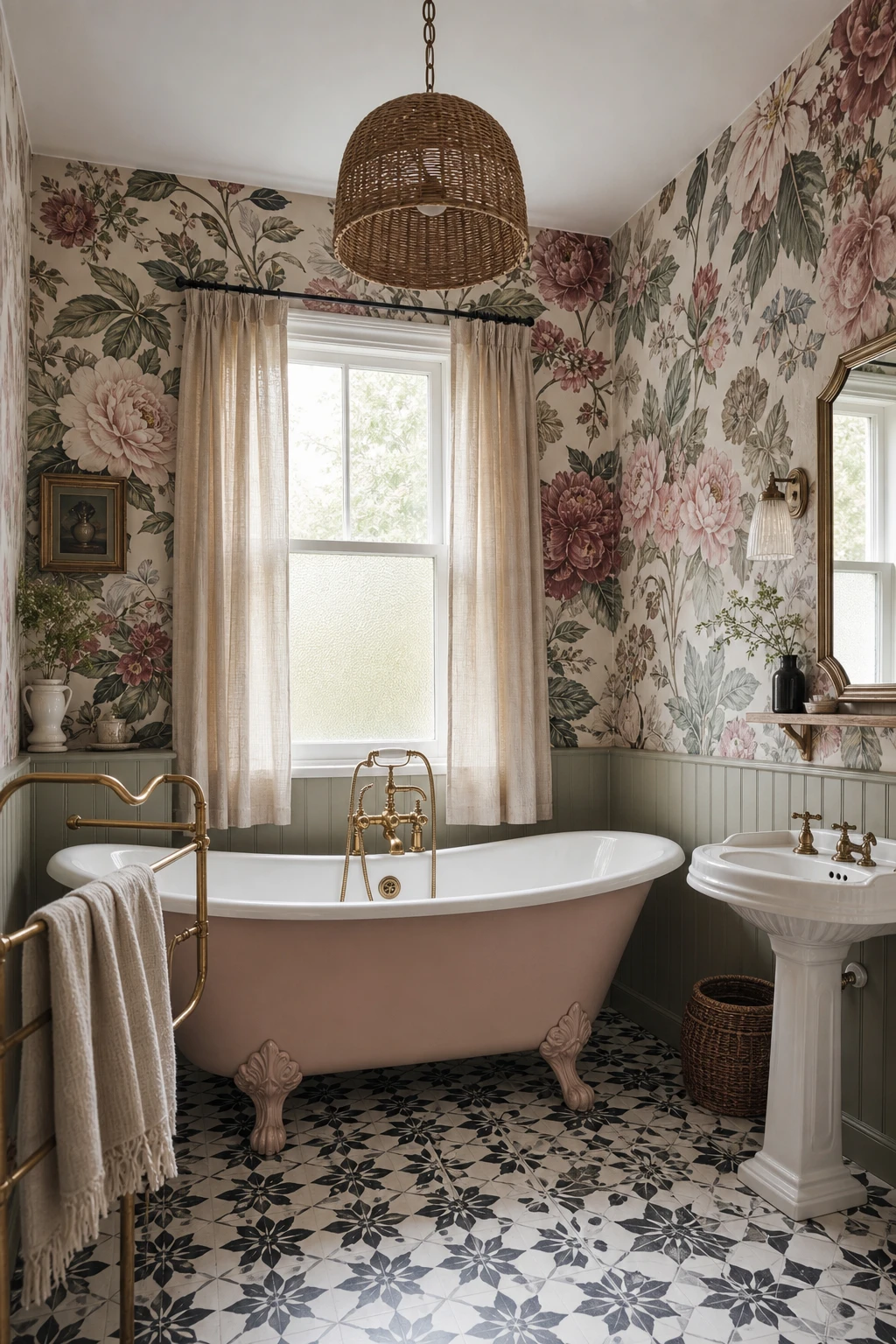 Modern English Country Bathroom with vintage floral wallpaper as hero, clawfoot tub, marble floor, and Farrow and Ball Peignoir painted woodwork