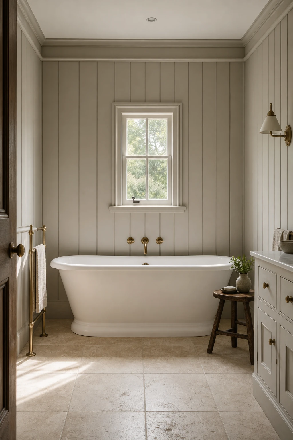 Modern English Country Bathroom with wall panelling painted in Farrow & Ball Elephant's Breath, soft morning light, freestanding bath, aged brass fittings