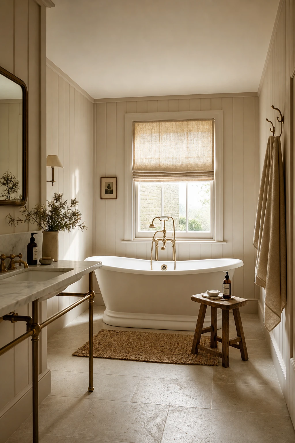 Modern English Country Bathroom with warm beige palette, soaking tub, natural stone floor, linen roman blind and soft morning light on Farrow and Ball Joas White walls