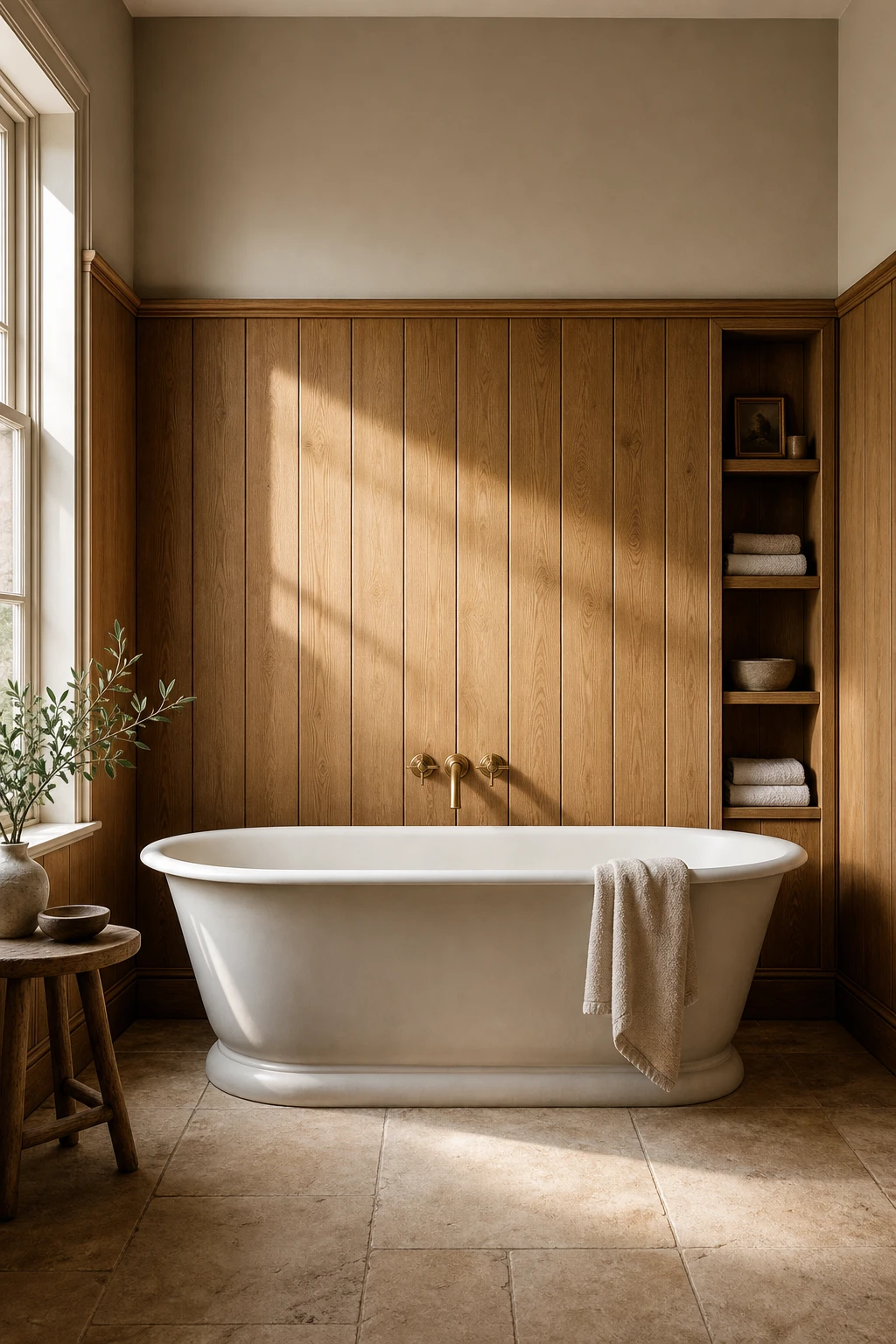 Modern English Country Bathroom with warm wood wall panelling painted in Farrow and Ball String, soft natural light, freestanding bath, stone floor tiles