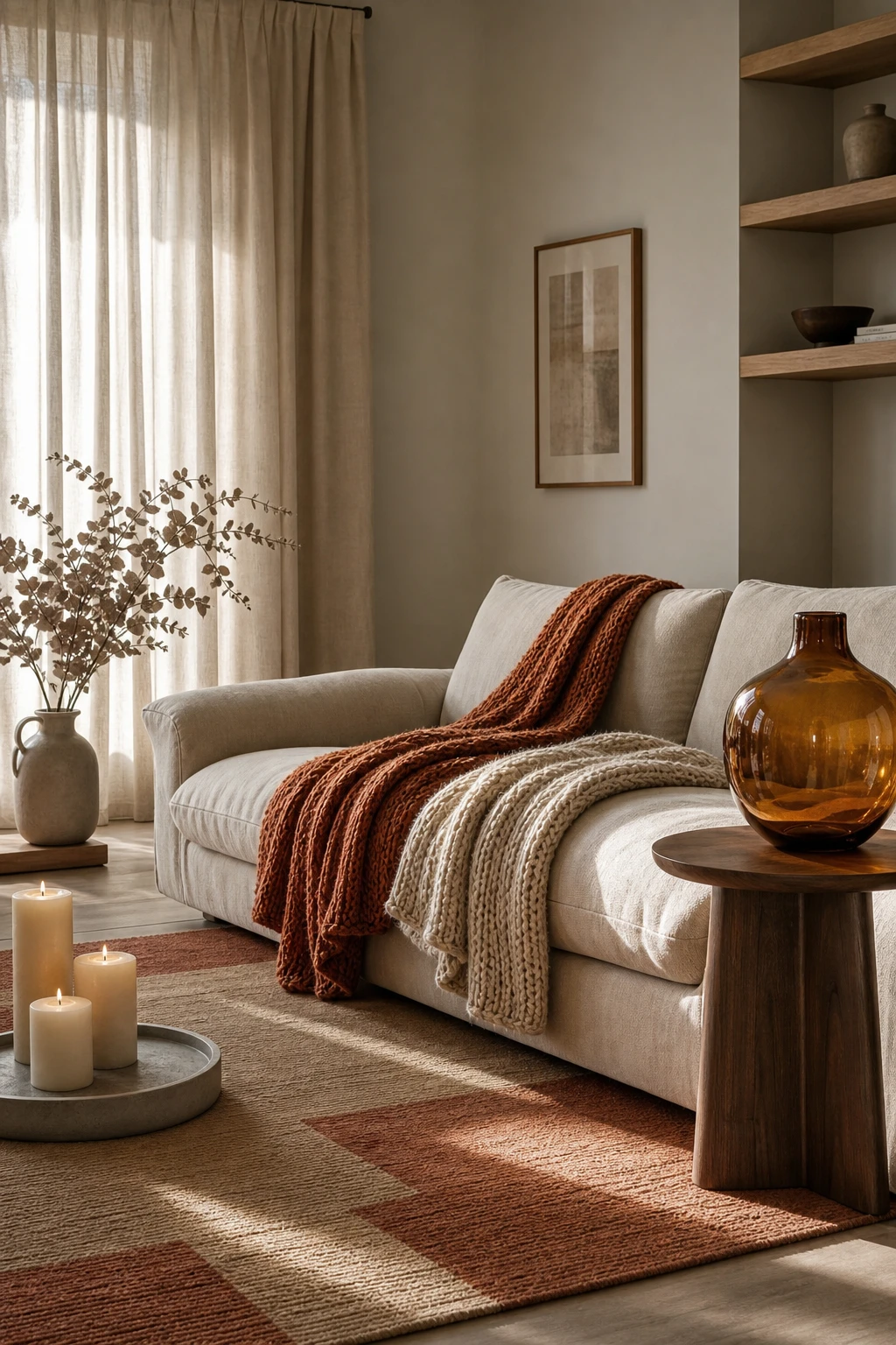 Modern fall apartment living room with clean lines, warm neutral walls, textured throws, amber glass vases, and natural wood accents in soft autumn light