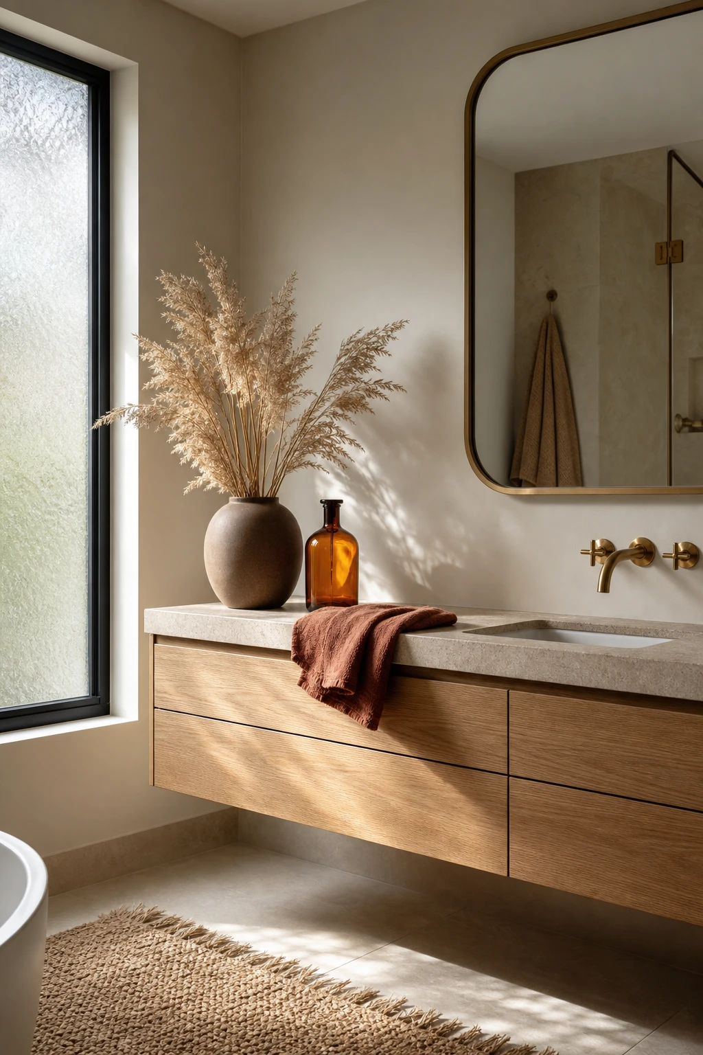 Modern fall bathroom with warm neutral walls, a stone vessel sink, amber glass vessels, dried botanicals, and linen towels in soft terracotta tones