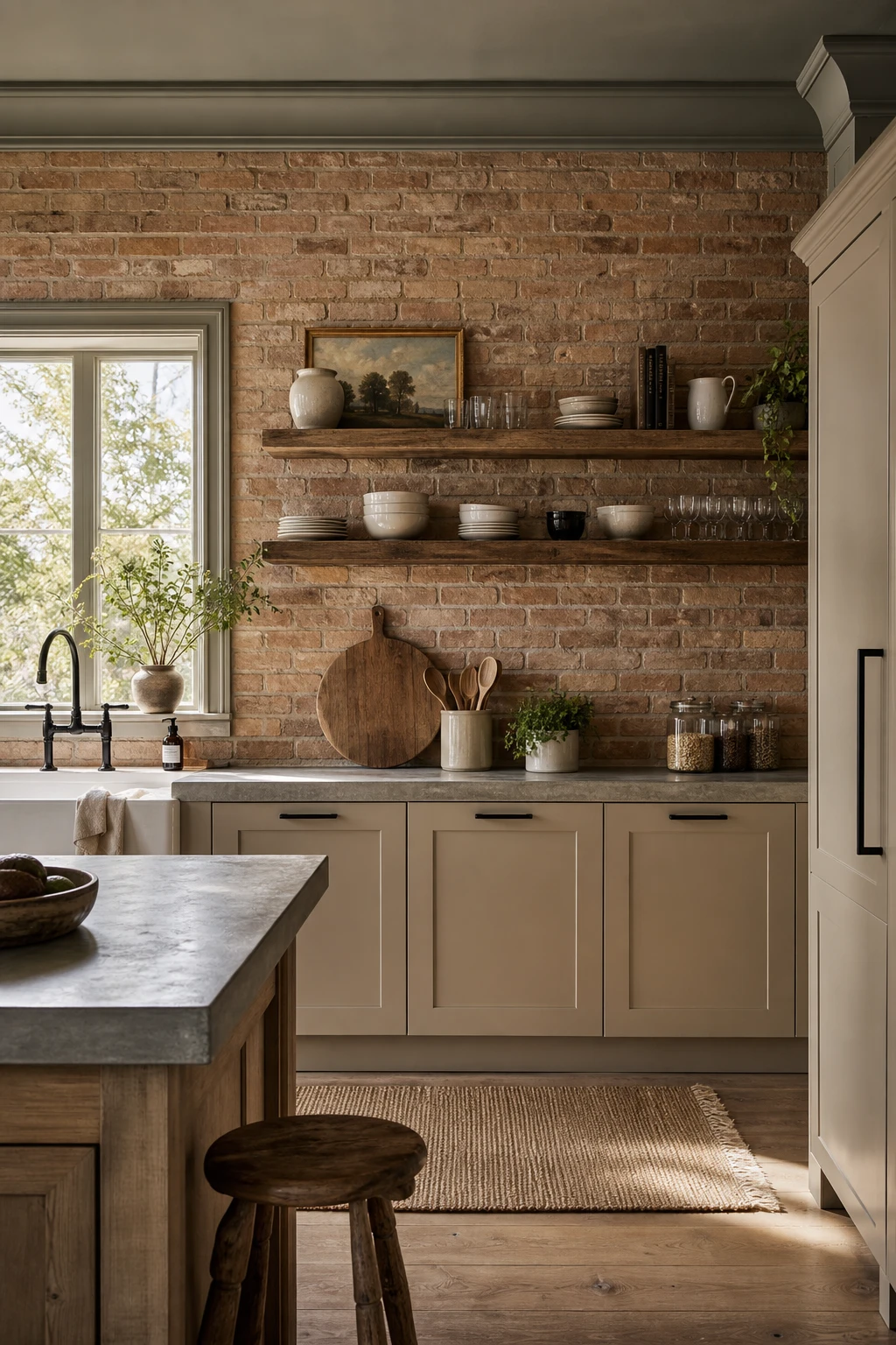 Modern farmhouse kitchen with beige cabinets and brick backsplash, shaker doors, open shelving, matte black hardware, and warm natural light