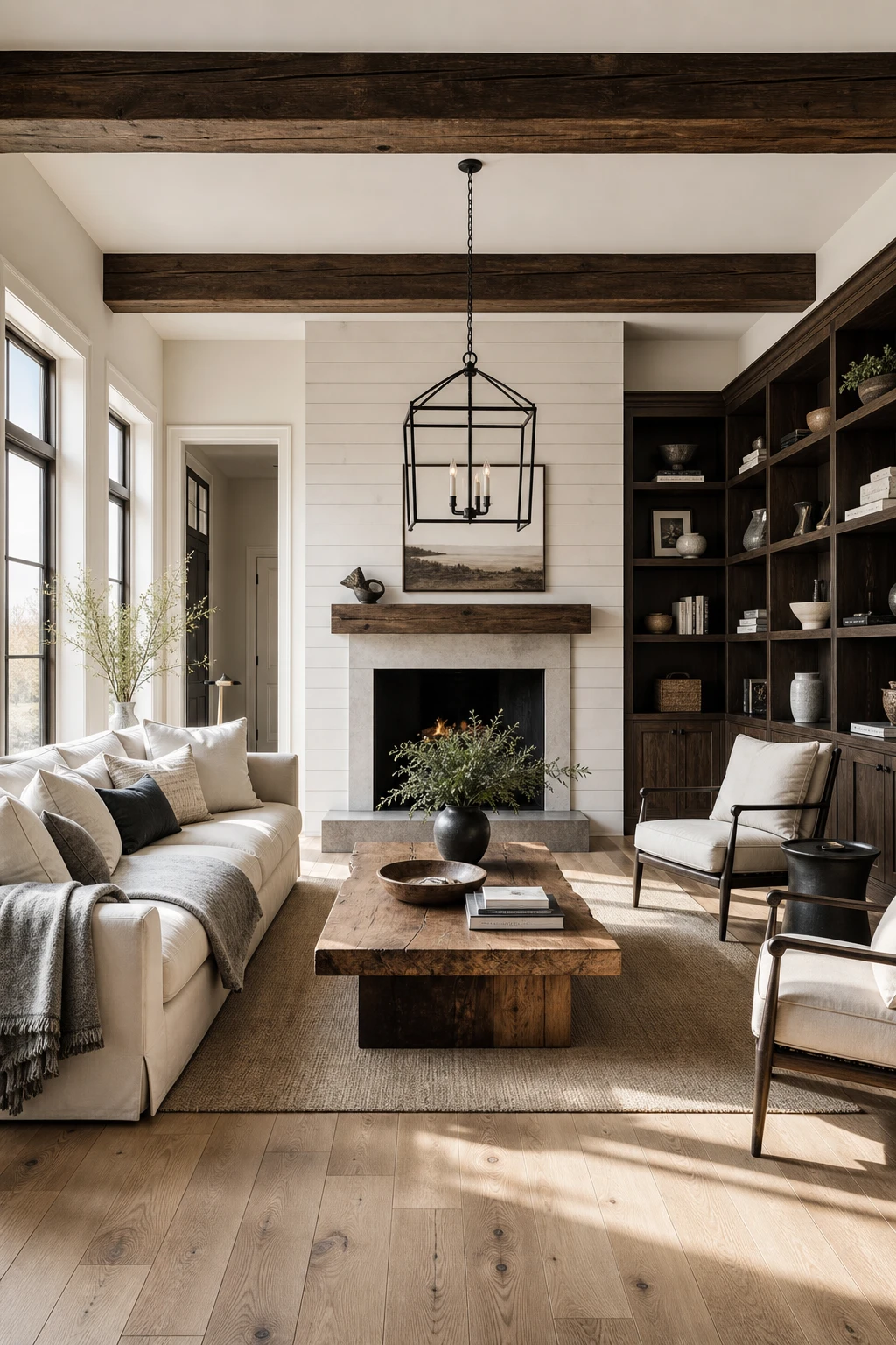Modern farmhouse living room in black white gray natural wood with dark wood beams and built ins as the hero, walls in Farrow & Ball Cabbage White