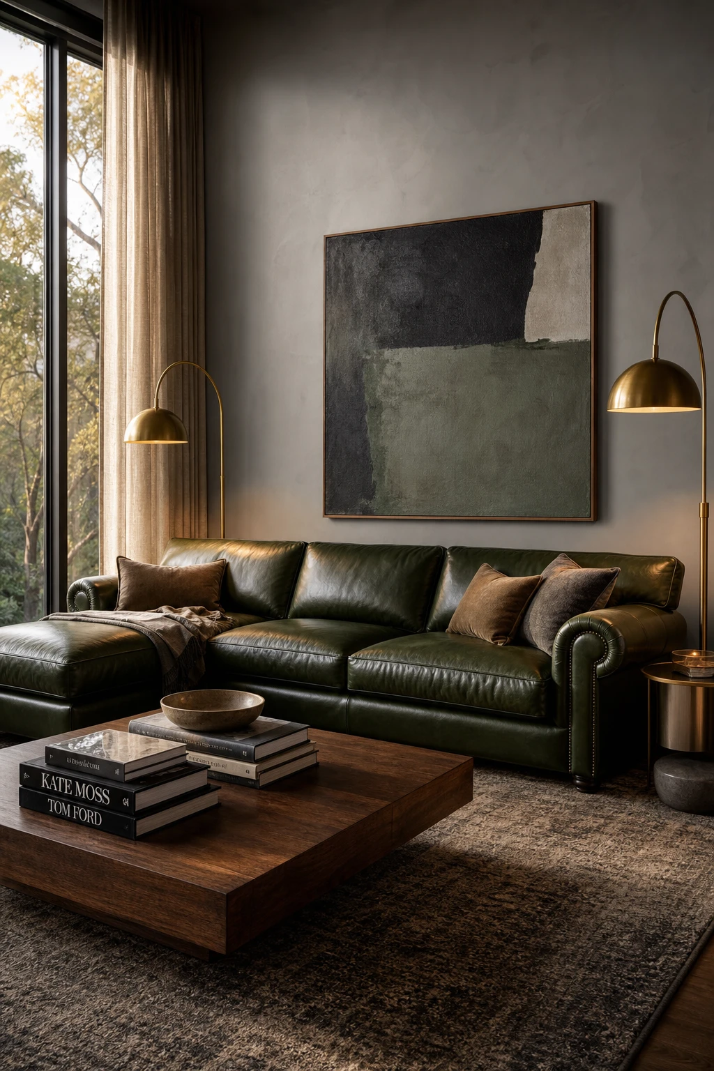 Modern gray and green living room with a green leather sectional as the hero, styled with warm natural light and Farrow & Ball Worsted painted walls