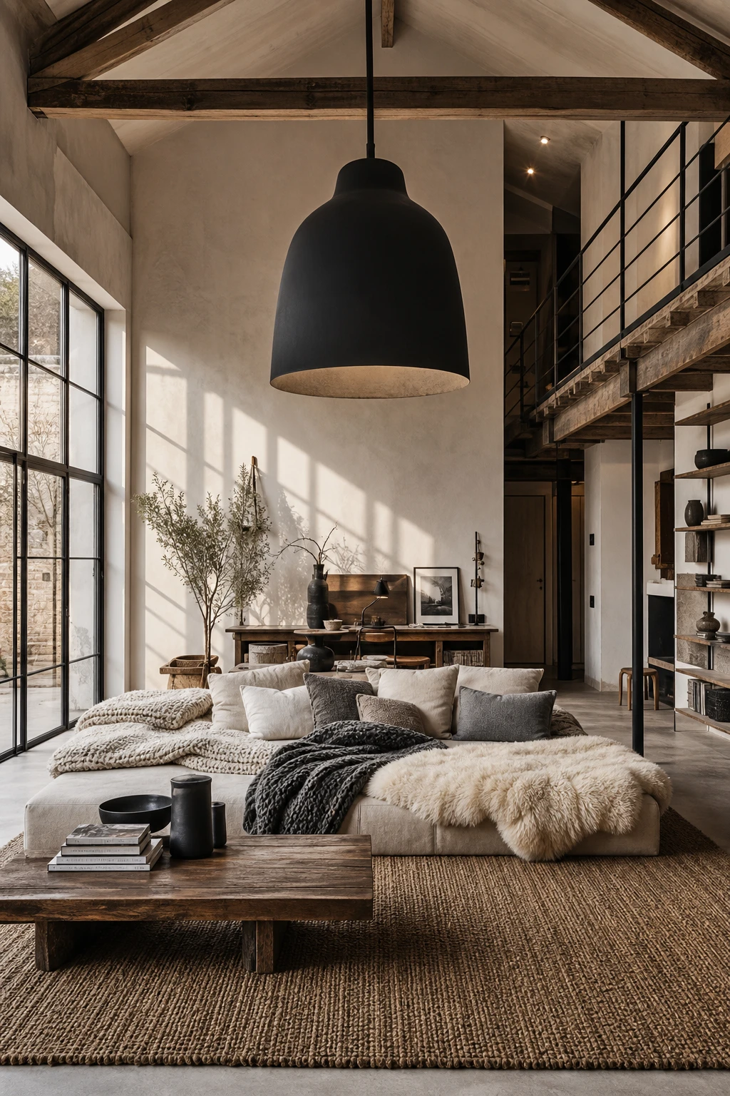Modern loft room in black white gray and natural wood with cozy layered textiles, exposed beams, plush rug, and Farrow and Ball Old White walls