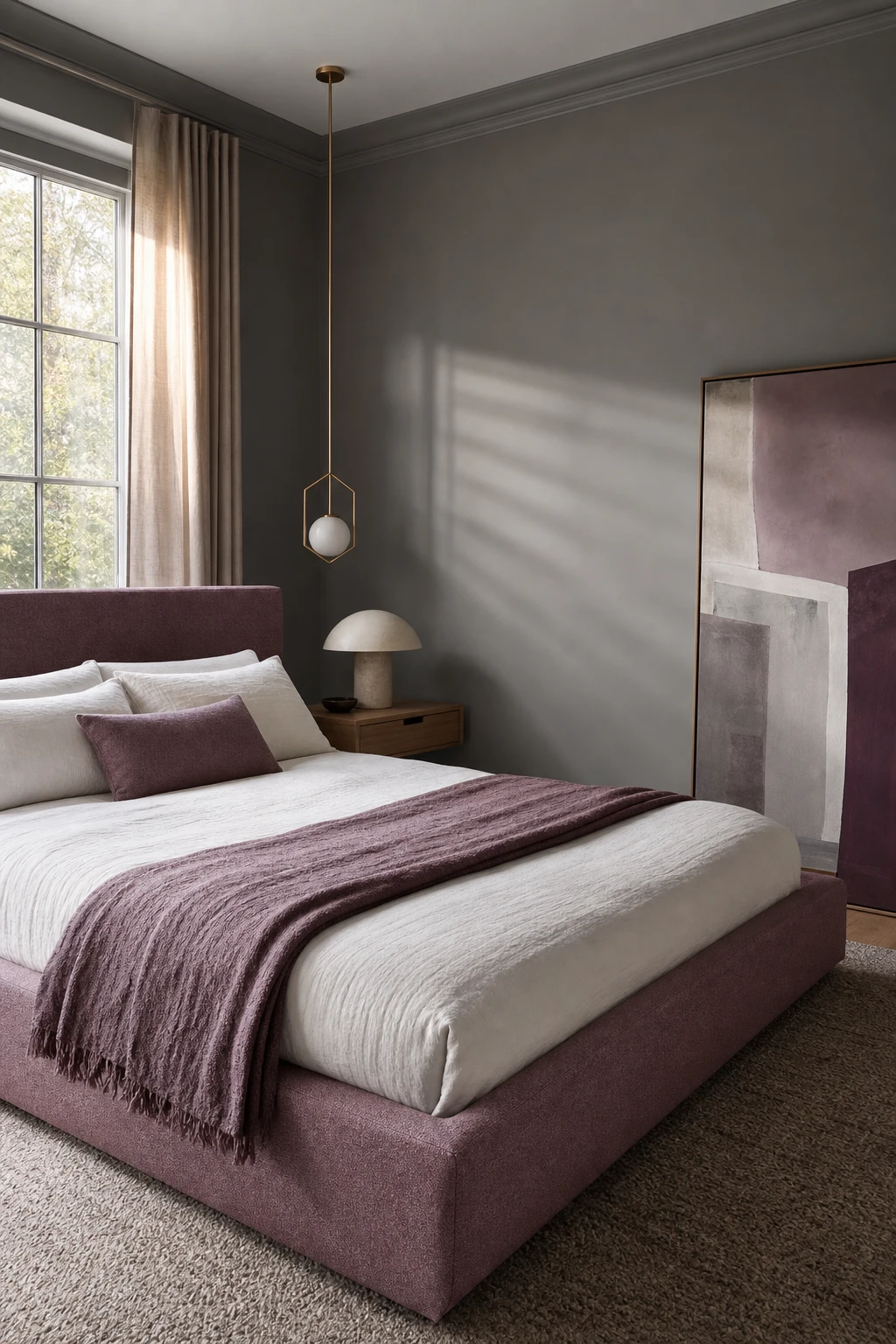 Modern mauve and gray bedroom with clean lined furniture, linen bedding, sculptural pendant lights and Manor House Gray painted walls in soft afternoon light