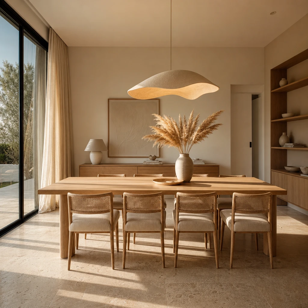 Modern neutral dining room with a white oak table, cane and linen chairs, travertine floors, an organic chandelier, black framed windows, and pampas grass centrepiece in warm afternoon light.