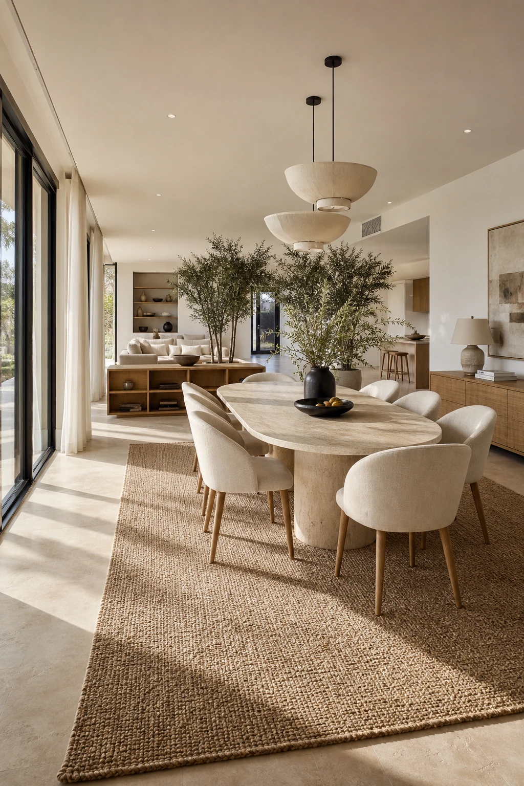 Modern neutral dining room in an open plan space with a defined dining zone flowing into a living area, lit by afternoon light through wide windows