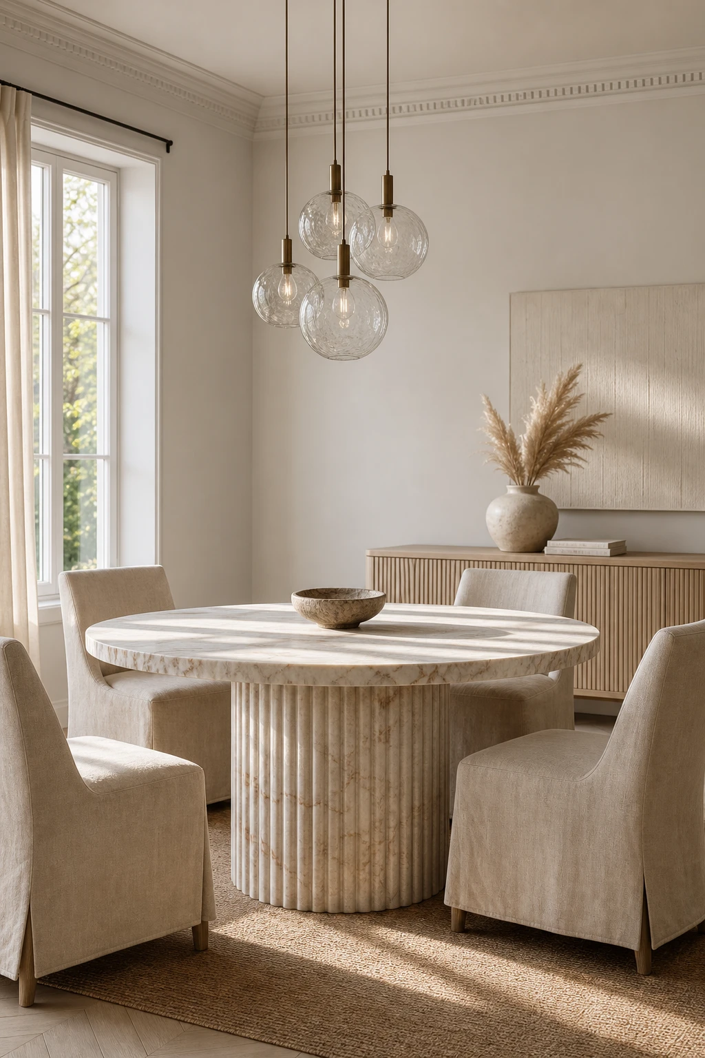 Modern neutral dining room with a fluted marble table as the centrepiece, surrounded by linen chairs, pendant lighting, and Farrow and Ball Bone painted walls