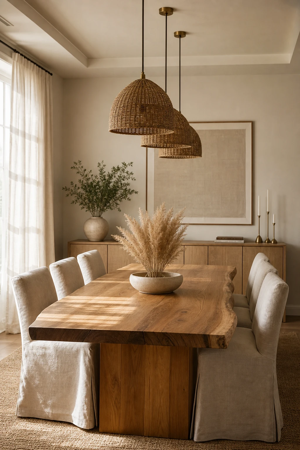 Modern neutral dining room with a natural wood table as the hero, surrounded by linen chairs, pendant lights, and Farrow and Ball Shaded White walls