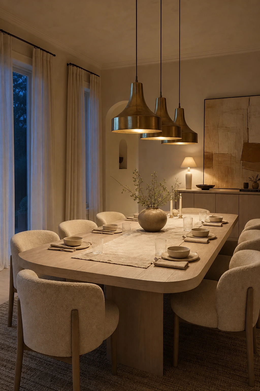 Modern neutral dining room with a sculptural pendant light centred over a linen wrapped table, warm evening light, Farrow and Ball Buff painted walls