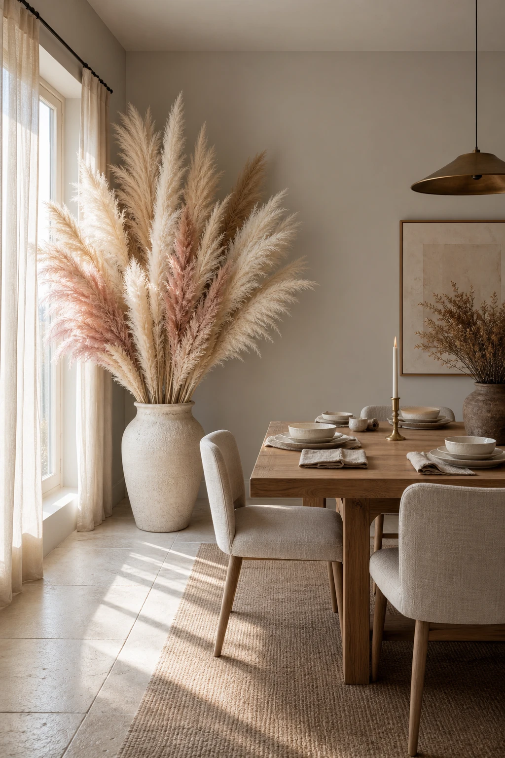 Modern neutral dining room with a tall pampas grass display as the centrepiece, Farrow and Ball Chemise walls, linen chairs and warm natural light