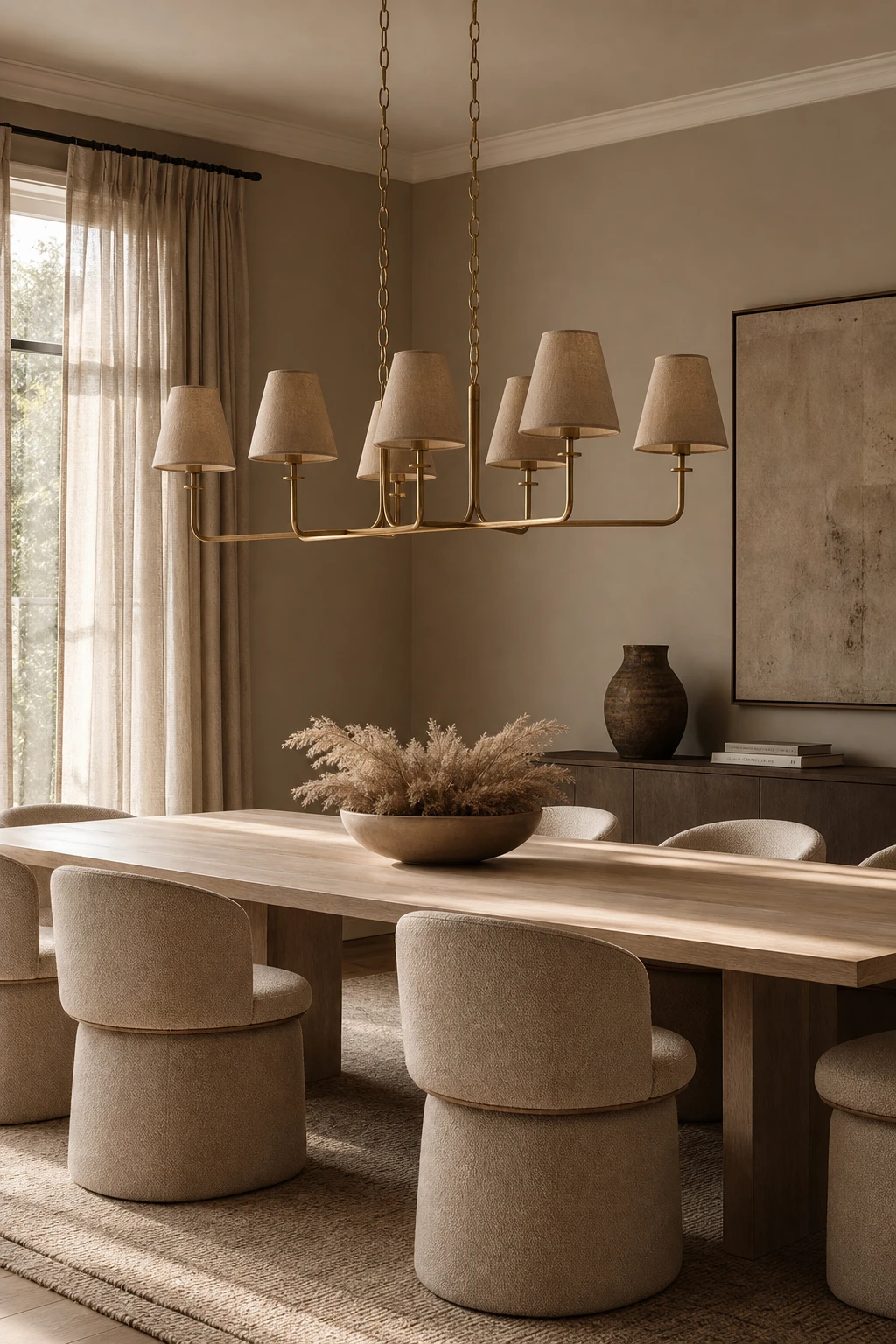 Modern neutral dining room with a warm neutral chandelier as the focal point above a wood table, walls in Farrow and Ball Cats Paw warm neutral paint