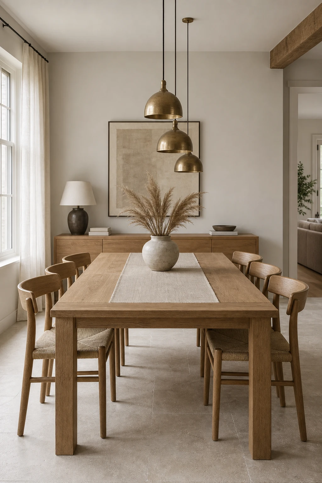 Modern neutral dining room with a white oak dining table and matching chairs as the hero, styled with linen cushions, aged brass pendant and soft cool neutral walls