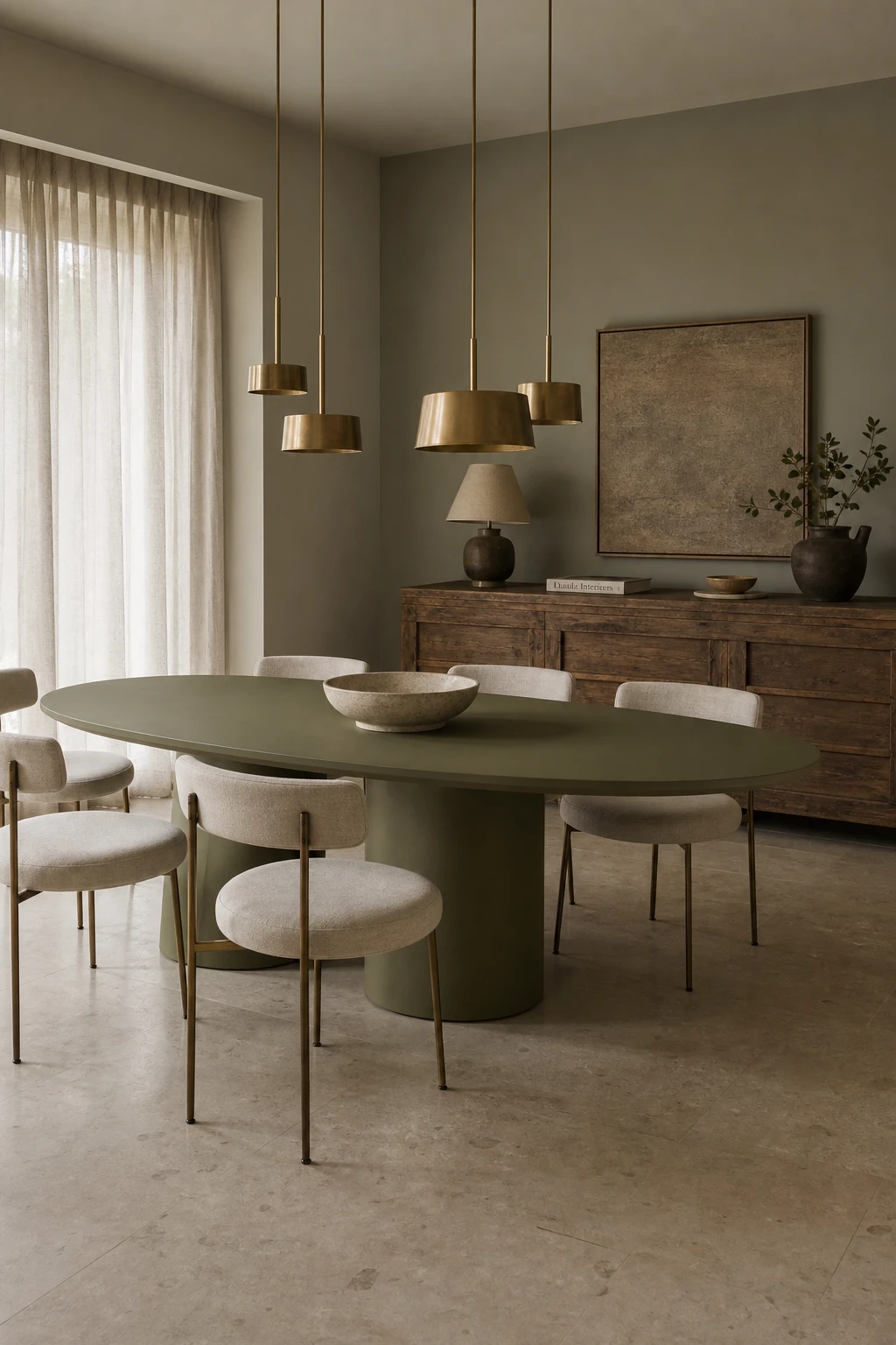 Modern neutral dining room with an olive green table as the focal point, surrounded by linen chairs, warm timber floors, and sage green walls in soft natural light
