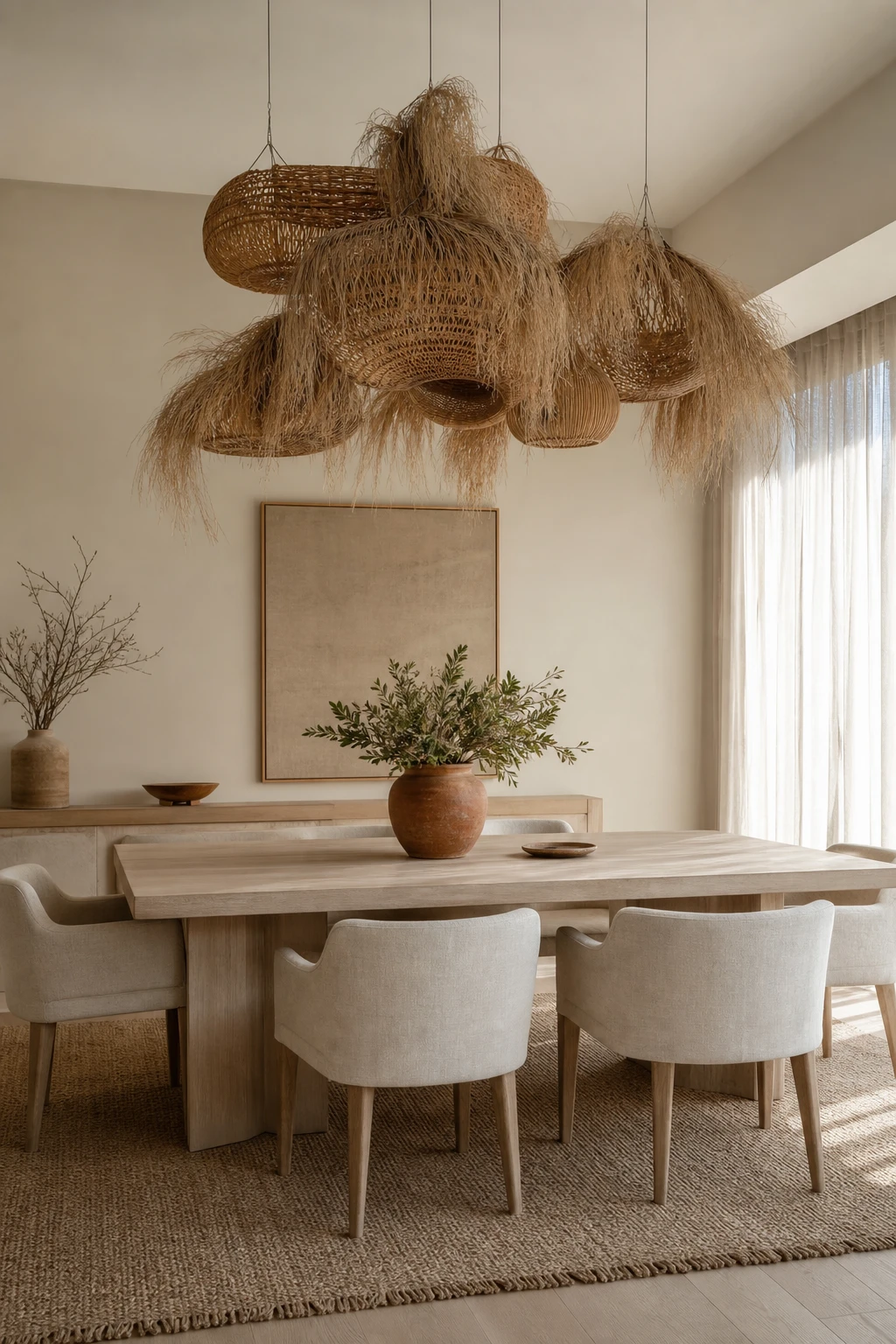 Modern neutral dining room with an organic chandelier as the hero fixture above a long oak table, warm Dimity walls, linen chairs, and soft natural light