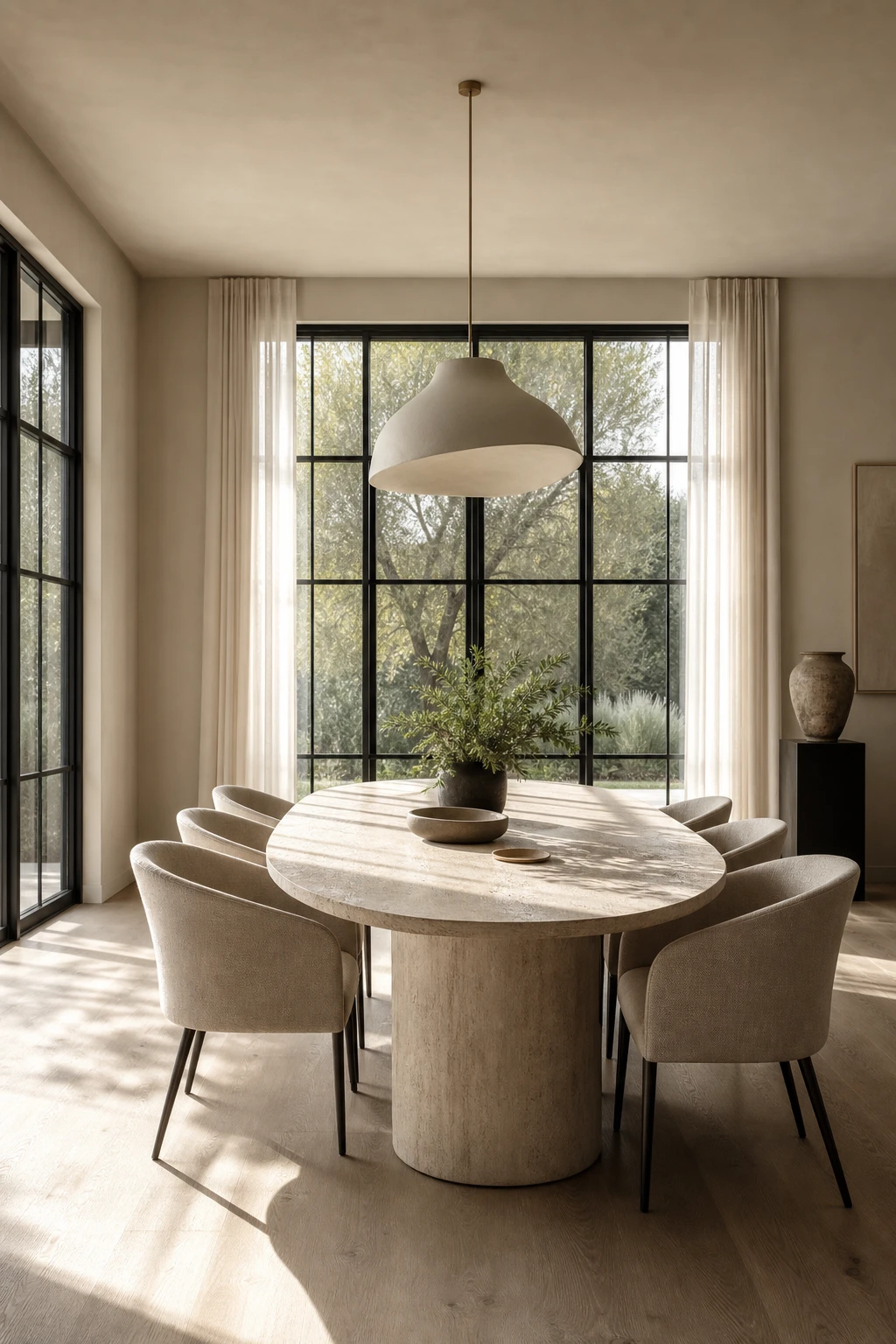 Modern neutral dining room with black steel windows as hero, linen curtains, oval dining table, and Farrow and Ball Off Black paint on window frames