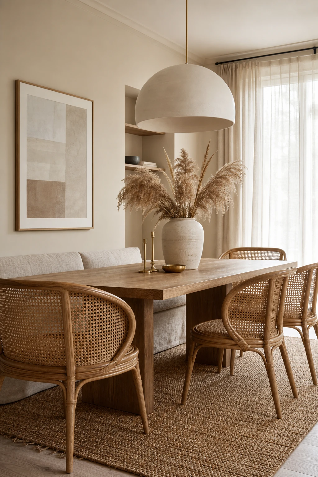 Modern neutral dining room with cane chairs as the hero, a linen upholstered bench, oak dining table, and Farrow and Ball String painted walls in warm neutral tones