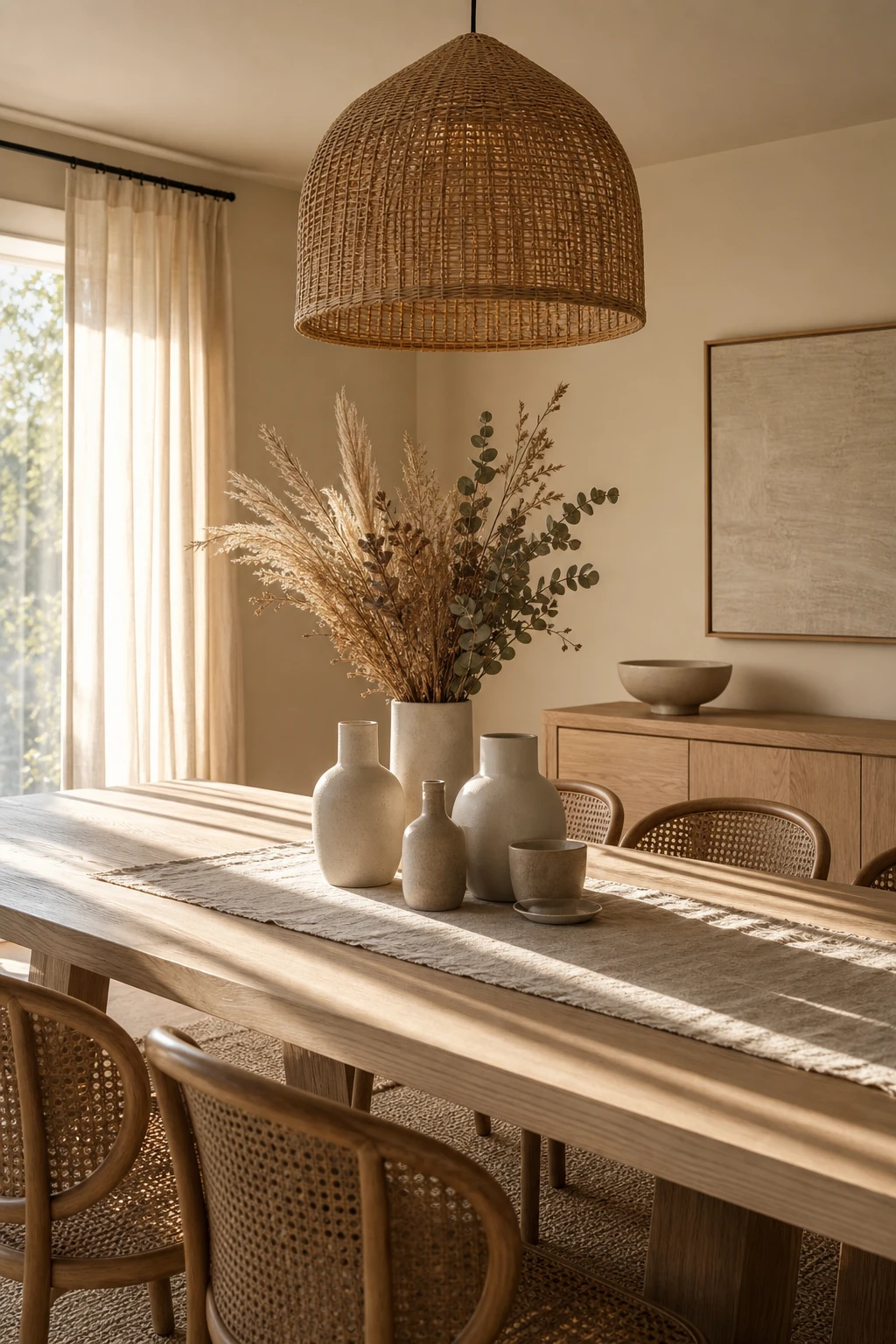 Modern neutral dining room with centrepiece styling as the hero, featuring a linen runner, sculptural vessels, and dried botanicals on a pale oak table