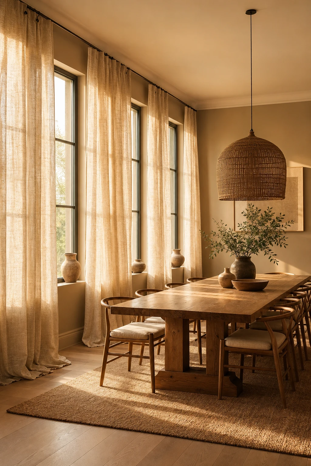 Modern neutral dining room with floor to ceiling linen curtains as the hero, long oak table, woven pendant light, and Farrow & Ball Cord walls in warm afternoon light