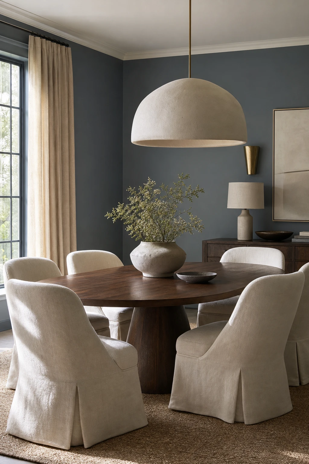 Modern neutral dining room with ivory upholstered chairs as the hero, a walnut table, linen curtains, and Farrow & Ball Blue Gray walls in soft natural light
