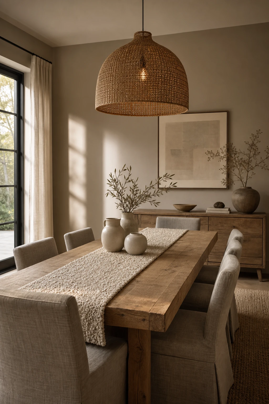 Modern neutral dining room with layered beige tones, linen chairs, a raw oak table, woven pendant light, and Farrow and Ball Oxford Stone painted walls
