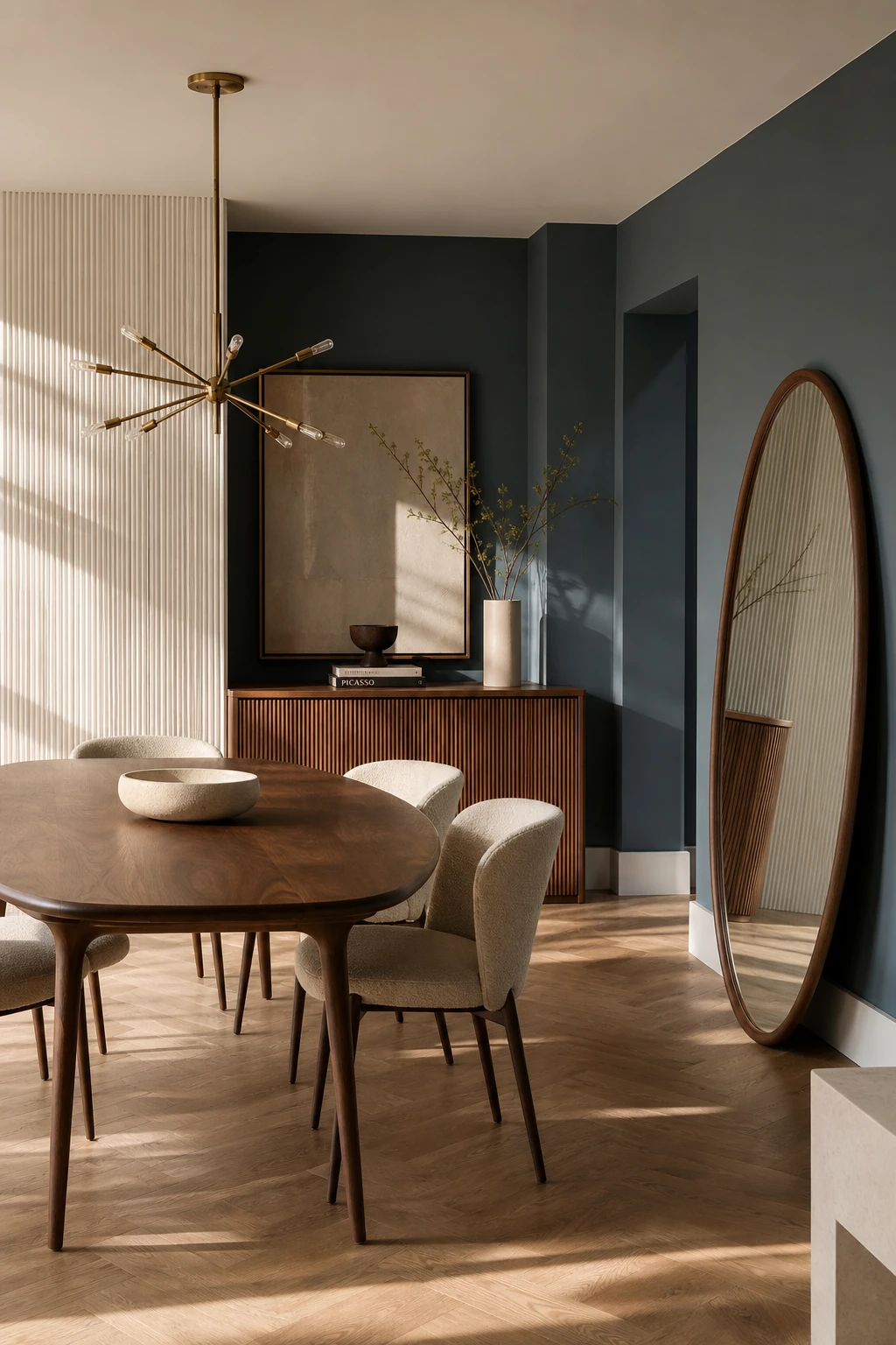 Modern neutral dining room with mid century detail as the hero, featuring tapered legs, organic shapes, and Farrow & Ball Barrow Blue accents in soft natural light