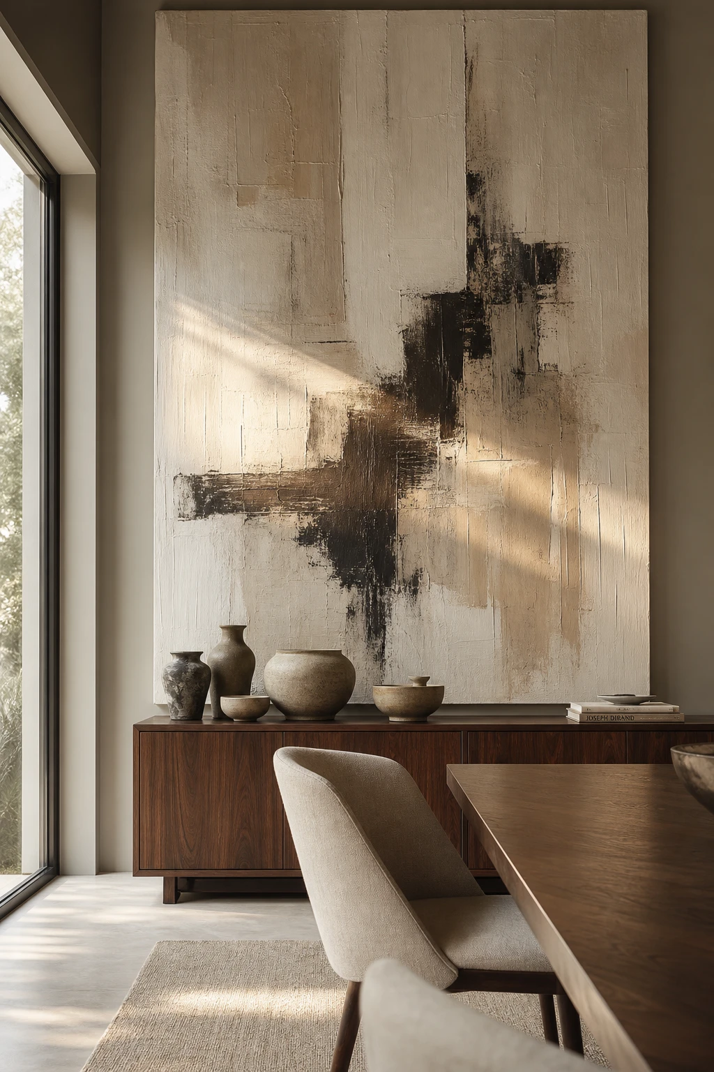 Modern neutral dining room with oversized abstract canvas as hero artwork above a walnut sideboard, warm afternoon light, Farrow and Ball Dove Tale walls