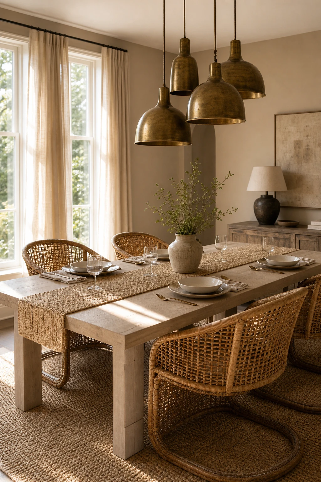 Modern neutral dining room with rattan chairs as the hero, long oak table, linen curtains, warm pendant lights, and Farrow and Ball Matchstick walls
