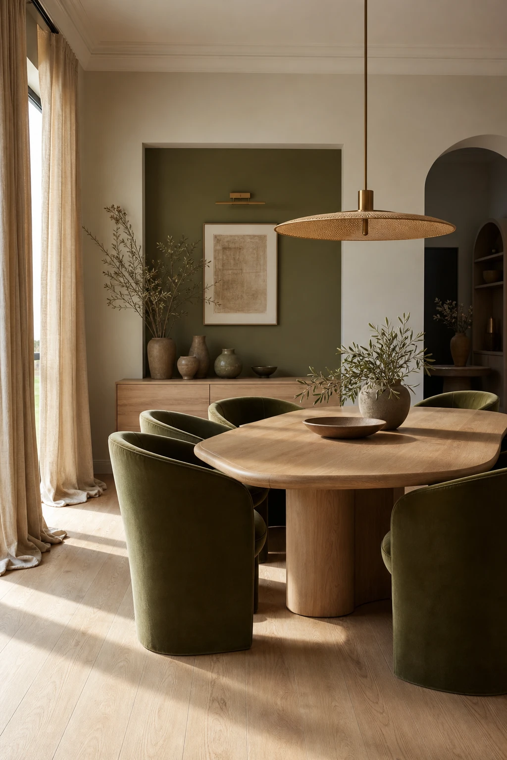 Modern neutral dining room with retro olive green accents including velvet chairs, ceramic vessels and linen drapery with Farrow & Ball Olive painted wall panel
