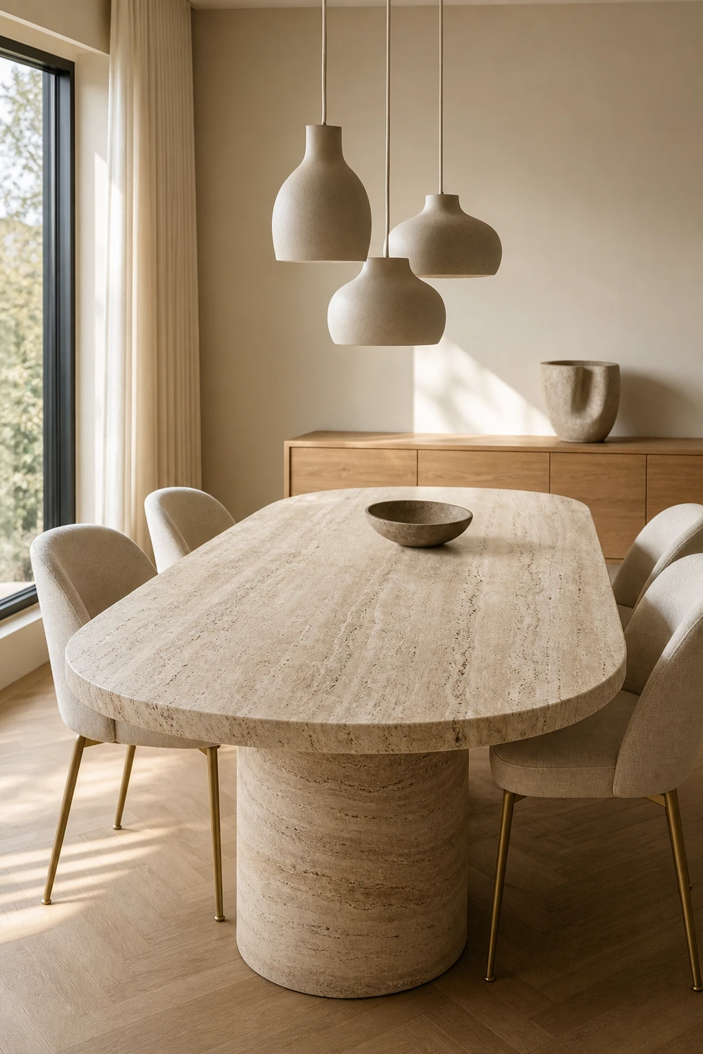 Modern neutral dining room with travertine dining table as hero, warm linen chairs, Farrow and Ball Tallow walls, oak floor, and pendant lighting overhead