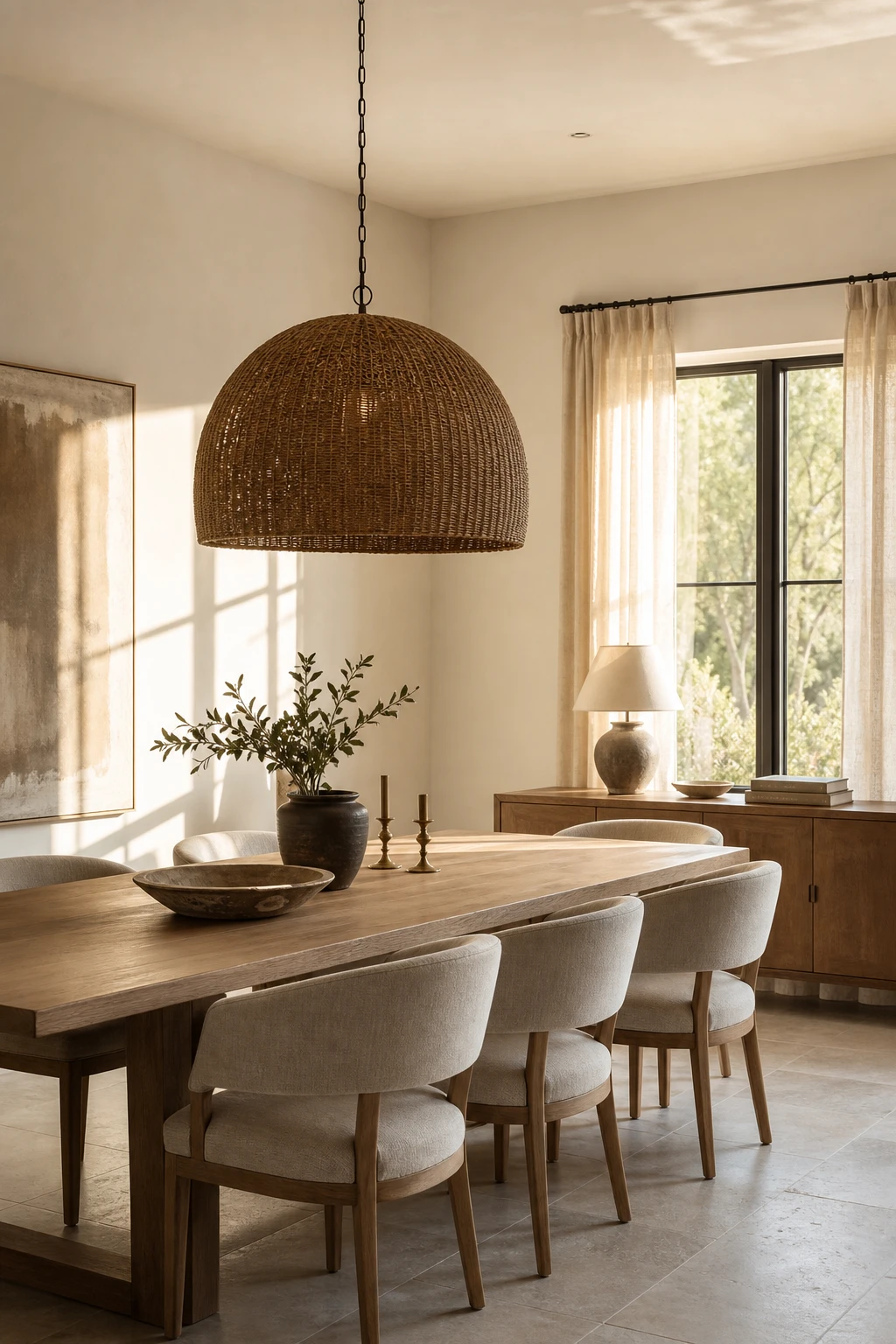Modern neutral dining room with warm Shoji White walls glowing in soft afternoon light, anchored by a natural oak table and linen upholstered chairs