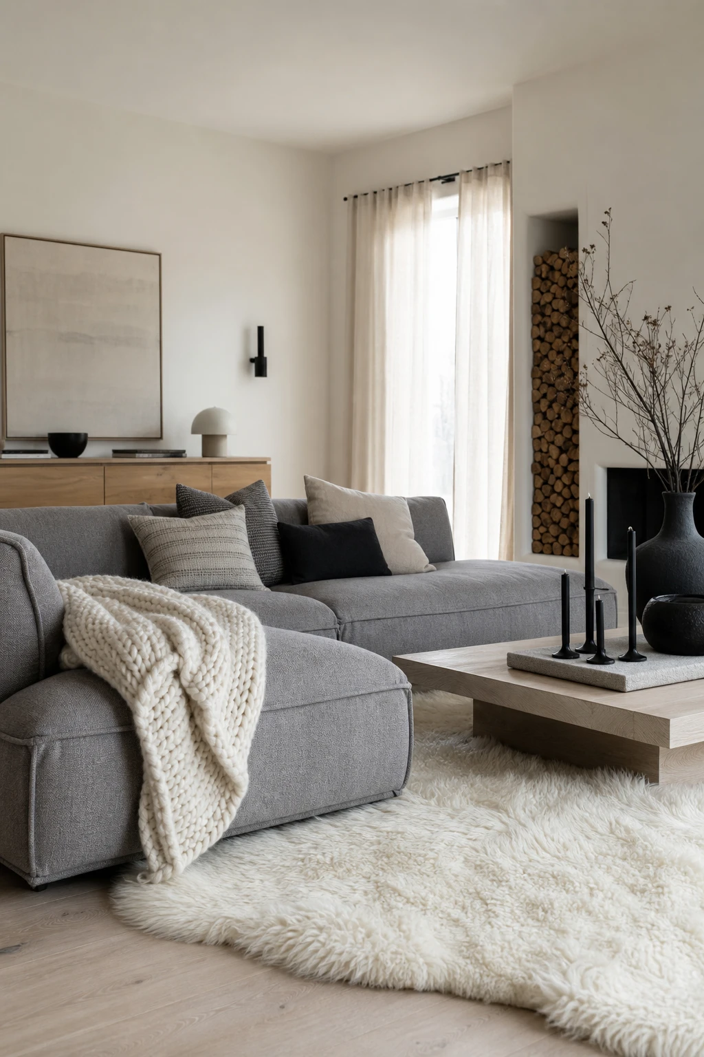 Modern Nordic living room with black white gray and natural wood tones, warm white Clunch walls, sheepskin throws, and hygge textured layers in soft afternoon light