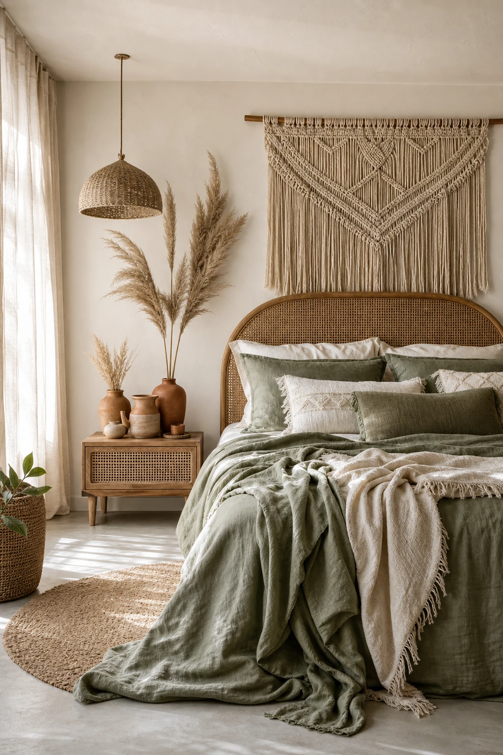 Modern organic boho bedroom with sage green and white layered textures, rattan headboard, linen bedding, macrame wall hanging, and warm natural light
