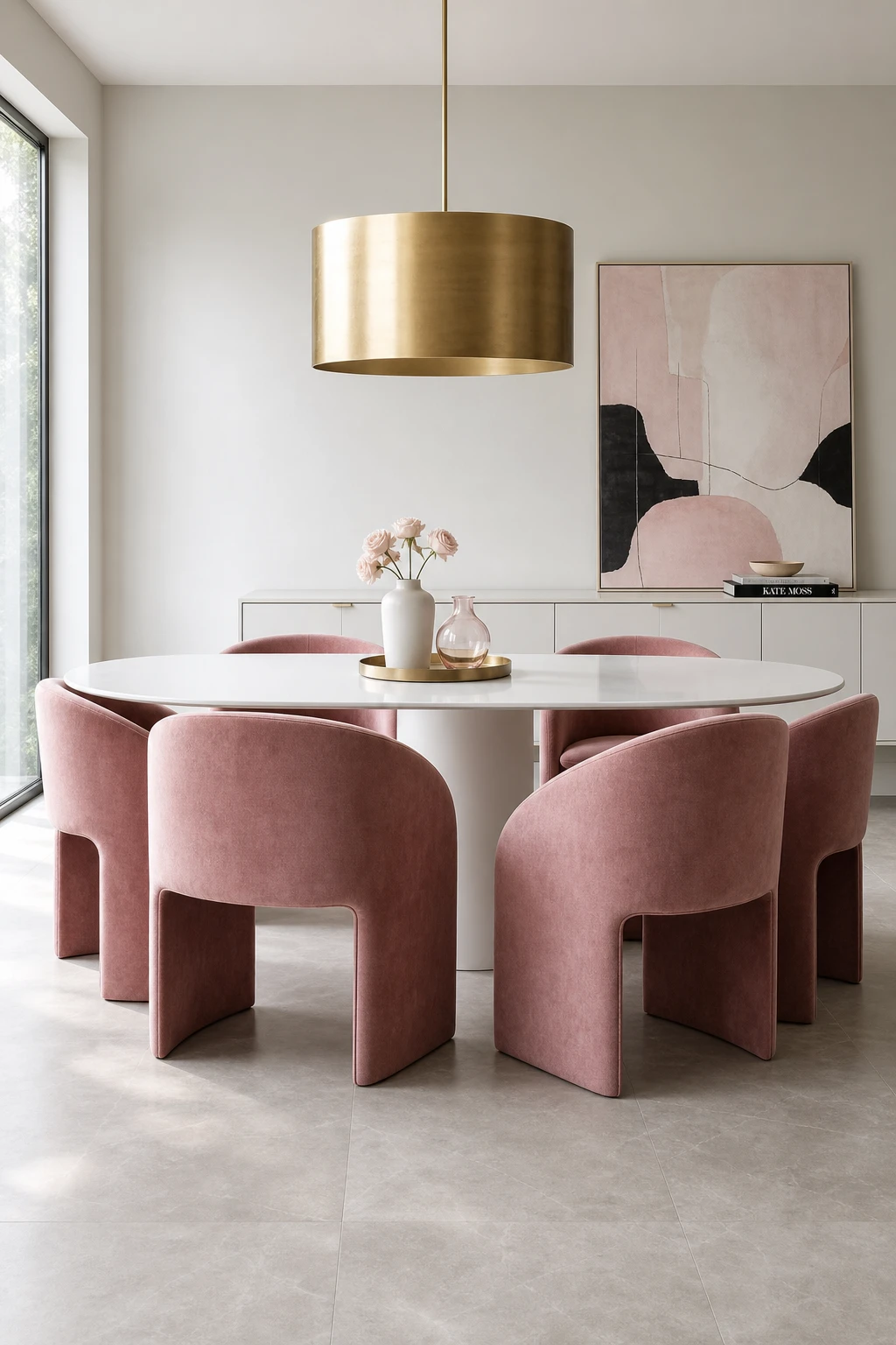 Modern pink and white dining room with sleek lines, sculptural pink chairs, and Farrow & Ball Cabbage White walls in cool minimal style