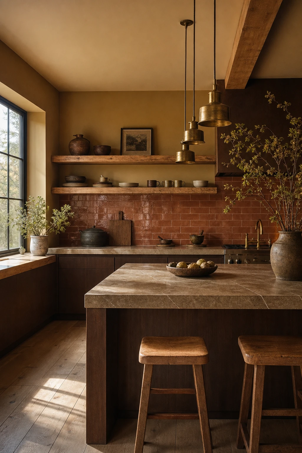 Modern rustic brown and gold kitchen with raw wood open shelving, sleek flat front cabinetry, stone countertops, and warm pendant lighting over a clean island