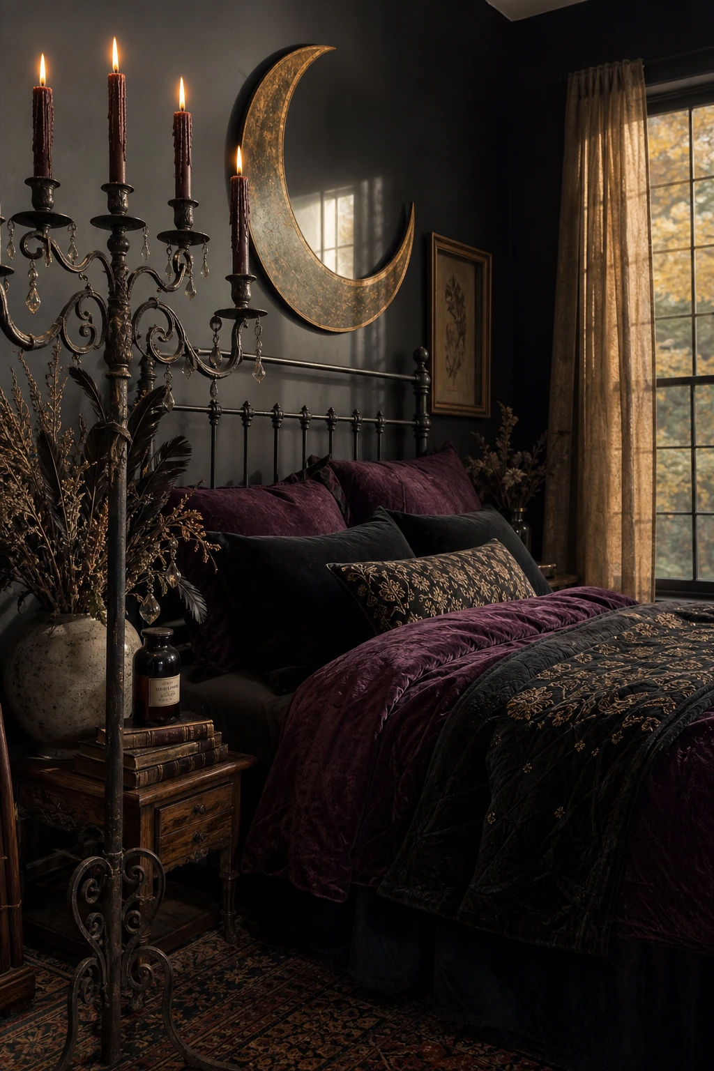 Moody autumn bedroom with witchy accents including dark candelabras, dried botanicals, and a crescent moon mirror above a bed dressed in deep jewel tone bedding