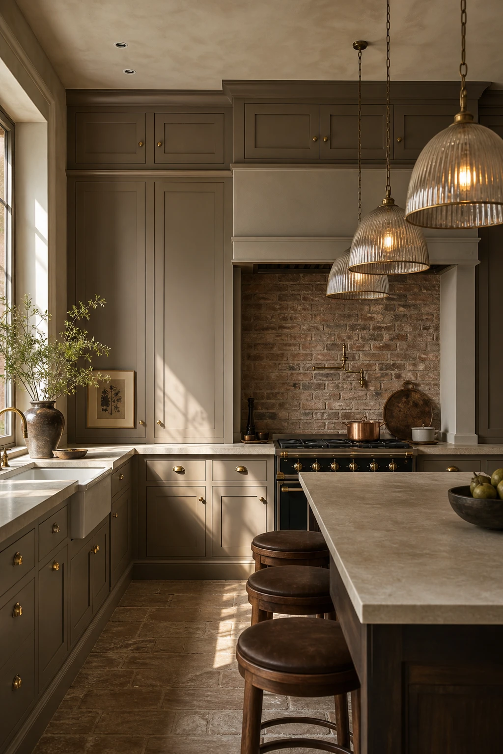Moody beige kitchen with taupe cabinets as the hero, exposed brick backsplash, brass hardware, stone countertops, and warm pendant lighting