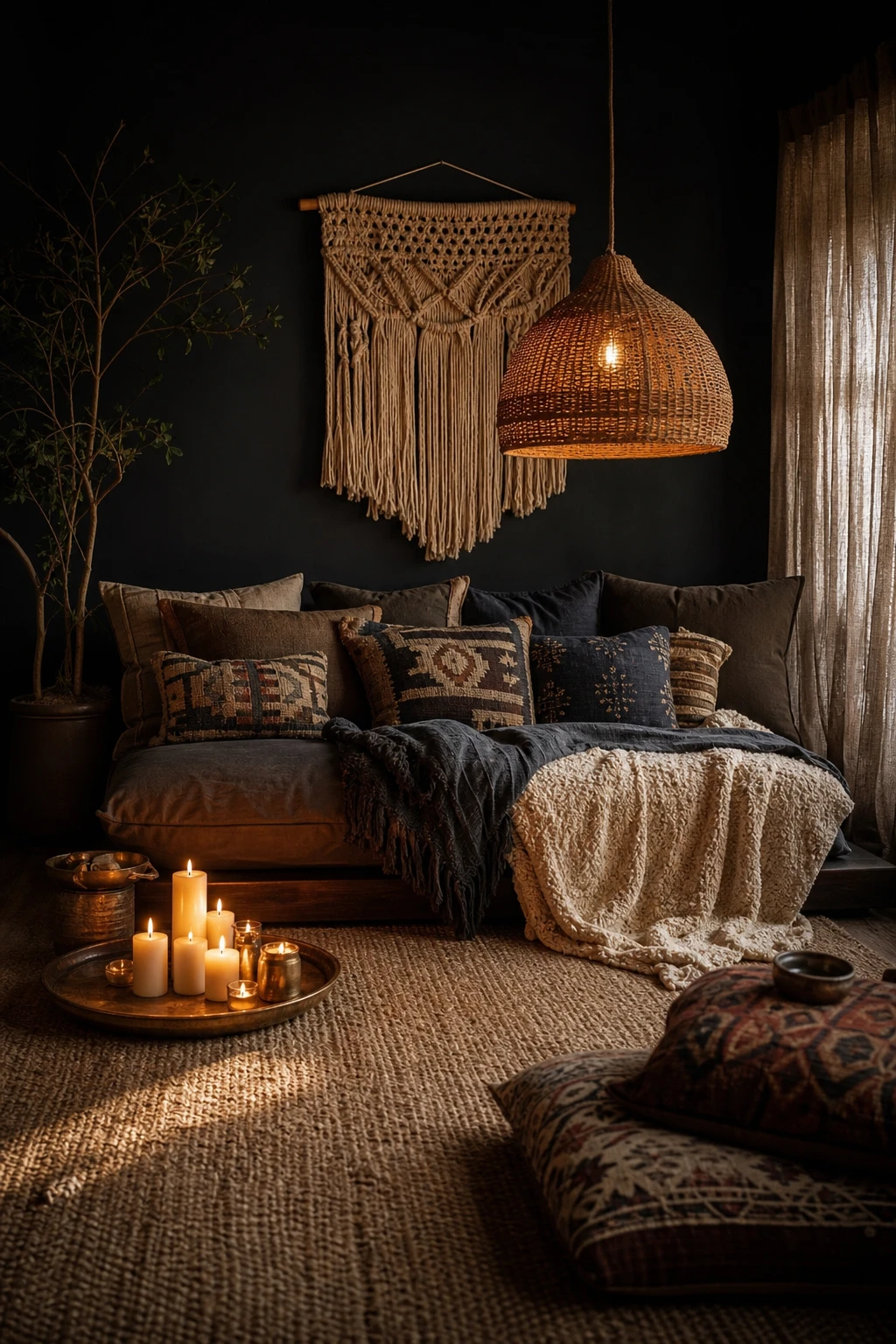 Moody black boho living room with layered textiles, low seating, macrame wall hanging, and Farrow and Ball Grate Black painted walls bathed in warm candlelight