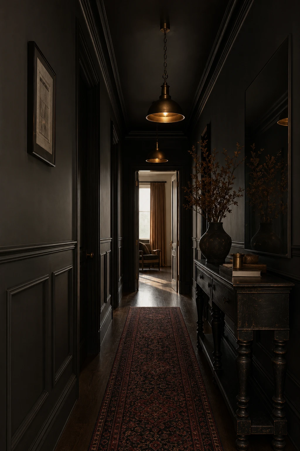 Moody black hallway with layered charcoal tones, dark panelled walls in Farrow and Ball Grate Black paint, ambient pendant lighting and richly textured runner rug