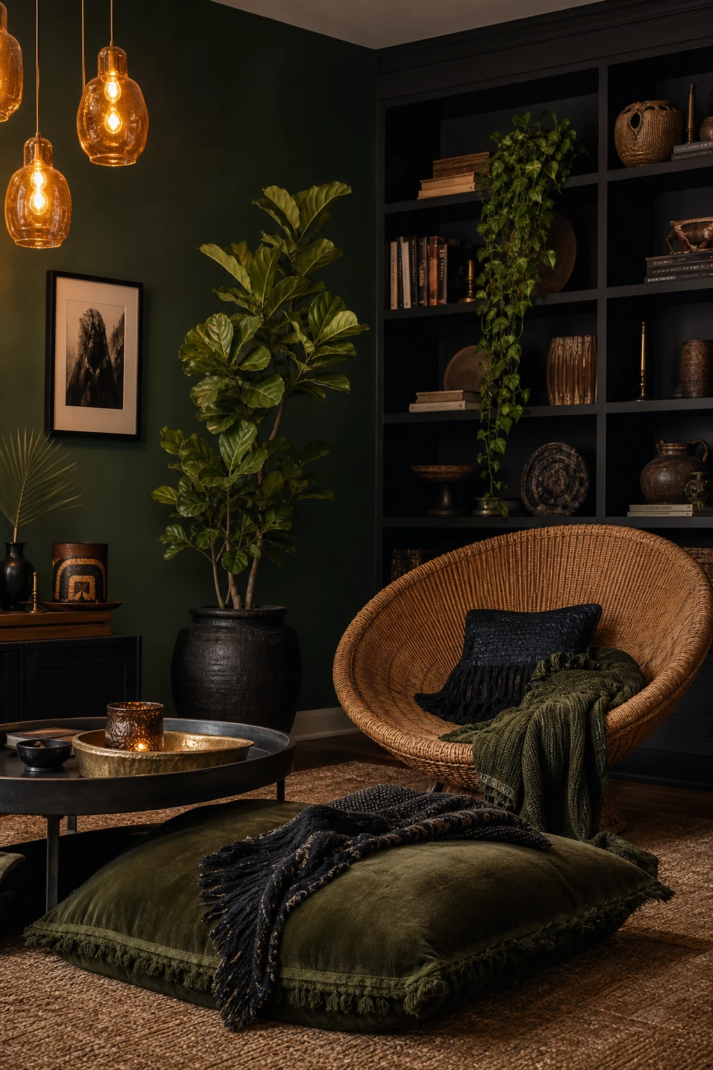 Moody boho living room corner with black and dark green tones, layered textiles, rattan, and indoor plants under warm evening light