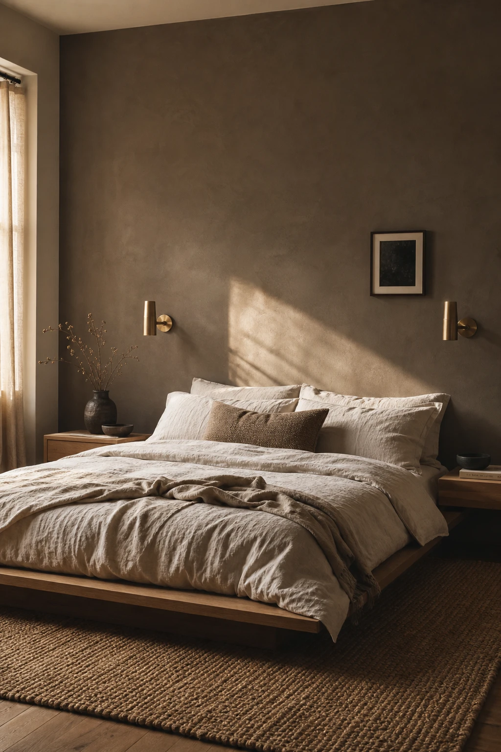 Moody brown accent wall bedroom with dark taupe feature wall, linen bedding, brass sconces, and warm natural light creating a sophisticated neutral retreat