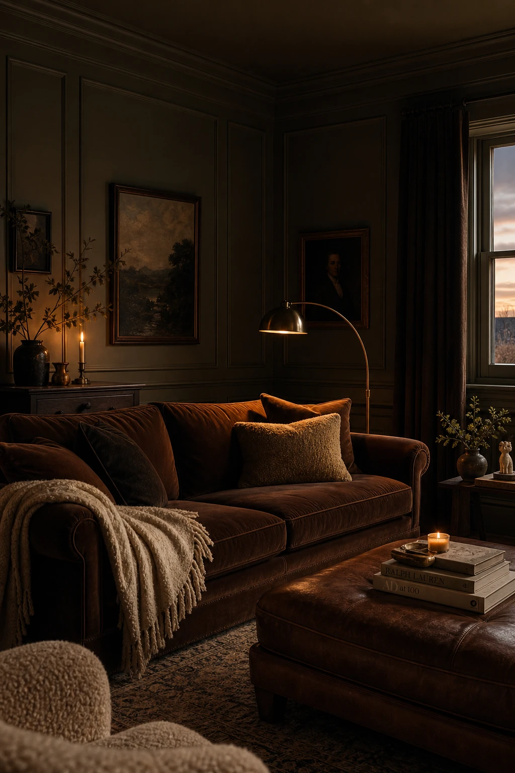 Moody brown and cream living room with deep shadow tones, velvet sofa, low amber lighting, dark panelled walls and layered textiles creating cocooning warmth