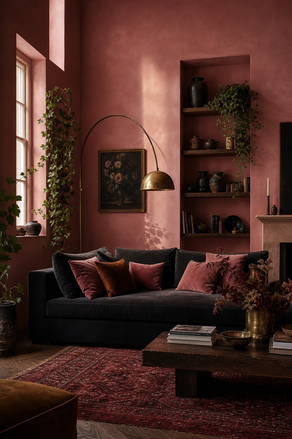Moody dusty pink living room with deep pink walls, dark velvet sofa, brass accents, layered textiles and dramatic evening light creating a magnetic atmosphere